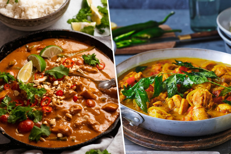 RecipeTin Eats’ Thai satay chicken curry (left) and Adam Liaw’s quick chicken curry.