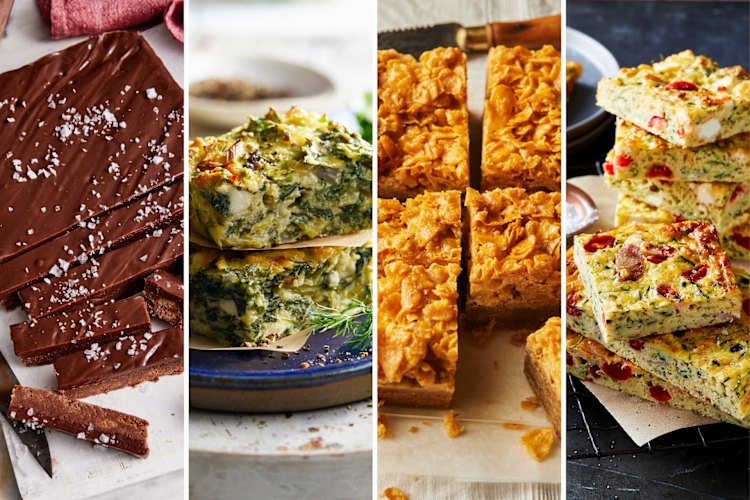 From left: ; Tim Tam fudgy slice from Arnott’s The Cookbook, AWW Cookbooks; Spring vegetable slice from My Mediterranean Life by Sarah Di Lorenzo, Simon & Schuster; Miss Trixie’s Honey Joy Slice from The Bakers Book, Murdoch Books; Adam Liaw’s zucchini slice.