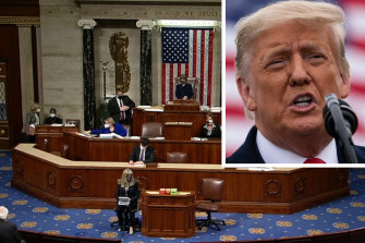 The US House of Representatives during the speeches prior to the vote to impeach President Donald Trump, inset.