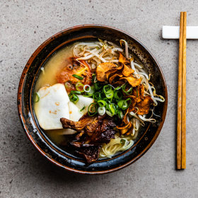 Jerusalem artichoke ramen with celeriac chashu. 