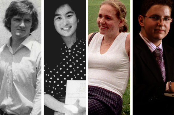 HSC high achievers through the decades: Geoff Wilkes (1979), Vivien Chen (1989), Kate Peterson (1999) and Patrick Hamid (2009).