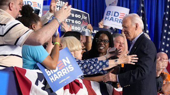 President Joe Biden greets supporters at a campaign rally in Madison, Wisconsin.