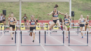 Lauren Wells came first in the 400m hurdles at the Canberra Track Classic on Monday, January 28. 