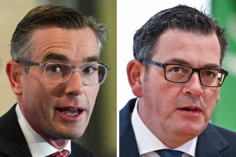 NSW Premier Dominic Perrottet (left) will switch out stamp duty in his June budget, while Victorian Premier Daniel Andrews would not confirm whether he would follow suit.