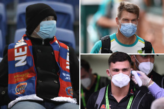 A newcastle Jets fan, Australian cricketer David Warner and NRL player Nathan Cleary wearing masks to combat COVID-19. 