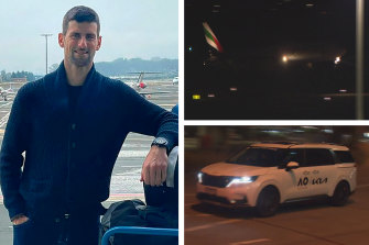 Novak Djokovic, left, posted to Instagram confirming that he had been granted an “exemption permission” to play in Melbourne. Top right, the flight he arrived on. Bottom right, an Australian Open car outside the airport early Thursday morning.