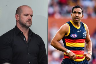 Adelaide Crows director Mark Ricciuto (left) is the only key off-field figure still at the club who was there during the 2018 pre-season camp, as detailed by Eddie Betts in his new book.