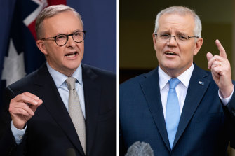 Scott Morrison, right, is running on his record and warning of the risk of change while Anthony Albanese is promising a better future.