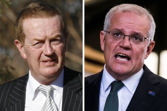 A face-off in the court of public opinion ... departing ICAC commissioner Stephen Rushton SC and Prime Minister Scott Morrison.