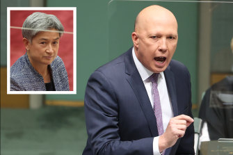 Defence Minister Peter Dutton says Penny Wong has failed to stand up for Australian values