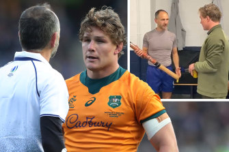 Michael Hooper and Romain Poite square up during the game. Inset: The Wallabies captain shows class with a presentation to the retiring ref.