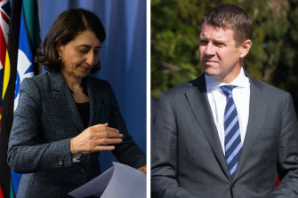 Former NSW premiers Gladys Berejiklian and Mike Baird. Mr Baird will give evidence at the ICAC tomorrow. He is not accused of wrongdoing.