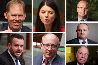 Liberal MPs (left to right): Bert Van Manen, Fiona Martin, Ted O’Brien, Phillip Thompson, Luke Howarth, Jason Wood and Russell Broadbent.