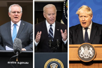 (From L-R) Scott Morrison, Joe Biden and Boris Johnson will unveil a new defence pact on Thursday morning.