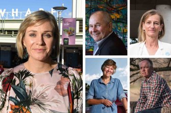 Clockwise from left: Zali Steggall and key supporters Neil Balnaves, Anna Josephson, Robe Purves and Sally Perini. 