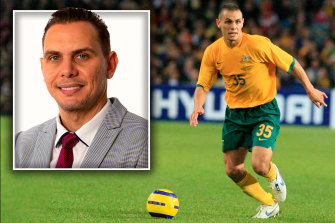 Jade North during his time as a Socceroo and (inset) in his new role at Football Australia.