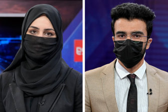 TV anchor Khatereh Ahmadi wears a face covering as she reads the news on TOLO NEWS, in Kabul, due to Taliban restrictions. Fellow news anchor Hamed Bahram wears a face mask in protest. 