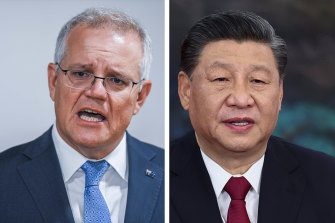 Prime Minister Scott Morrison (left) and China’s President Xi Jinping. Only one in 10 Australians say they have “a lot” or “some” confidence in Mr Xi to “do the right thing regarding world affairs”.