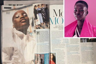 Model Adut Akech (inset) and the Who magazine spread that incorrectly used a photo of Flavia Lazarus.