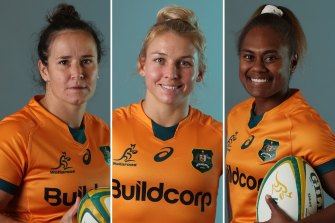 New Wallaroos captain Shannon Parry (left), with Georgina Friedrichs and Ivania Wong.