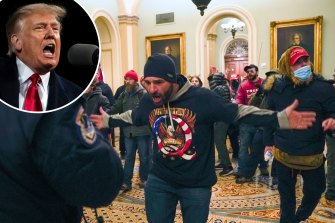 The US Capitol riot. Inset: Former US President Donald Trump.
