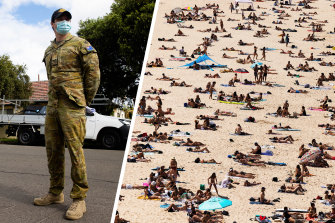 ADF personnel carry out checks in Lakemba in August; Bondi Beach is packed out in September.