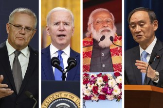 The leaders of the Quad - Australia, the US, India and Japan - Scott Morrison, Joe Biden, Narendra Modi and Yoshihide Suga.
