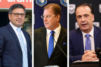 Cronulla Sharks CEO Dino Mezzatesta, NSWRL boss Dave Trodden and ARLC chairman Peter V’landys.CREDIT: