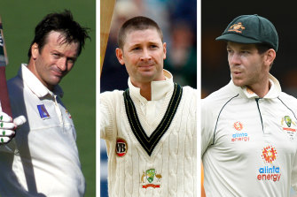 Former Test skippers Steve Waugh, Michael Clarke and Tim Paine.