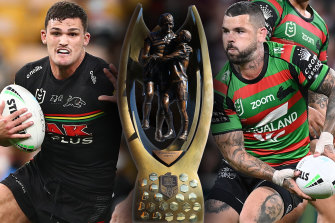 The decider ... Rival halfbacks Nathan Cleary and Adam Reynolds will do battle for the NRL premiership trophy on Saturday.