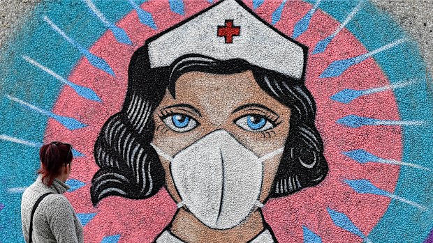 A coronavirus mural honouring nurses in the battle against thre coronavirus.