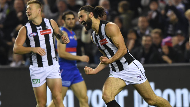 Shooting star: Brodie Grundy slots a goal for Collingwood against the Western Bulldogs.