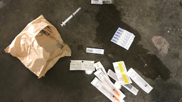 Syringes and other drug paraphernalia left by drug users at the Richmond public housing estate near the safe injecting room. 