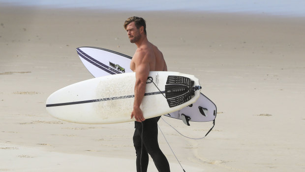 Hollywood actor Chris Hemsworth, who lives at Broken Head just out of Byron Bay, was spotted surfing last week.