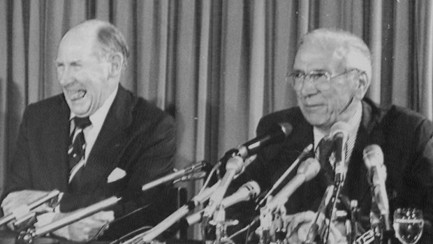 Australian Olympic Federation press conference: Julius 'Judy' Patching [L], secretary-general, and Syd Grange, president.