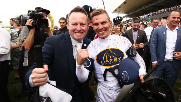 Scott Darby with jockey Ben Melham after She Will Reign's Golden Slipper win.