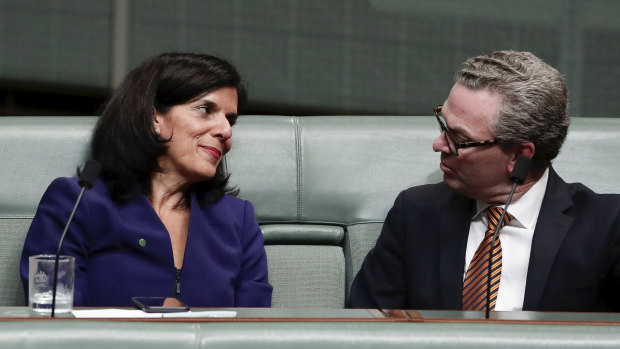 The new crossbench MP talks with Defence Minister Christopher Pyne in the chamber on Tuesday.