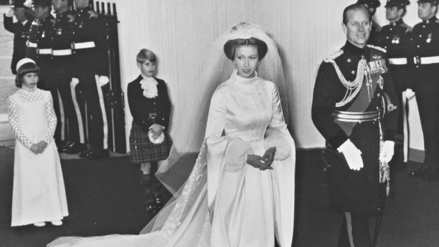 The wedding of Princess Anne to Captain Mark Phillips. 14th November 1973. The Bride arrives at Westminster Abbey this morning for the wedding ceremony. Accompanied by her father.