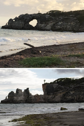 "Punta Ventana" or Window Point in Guayanilla, Puerto Rico, before and after a Monday tremor knocked down the rock formation.