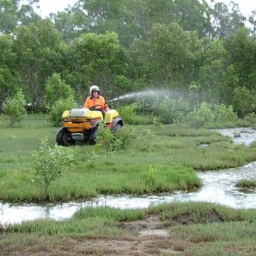 Brisbane City Council sprays breeding areas for mosquitoes.