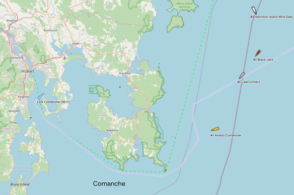 By this point in the race when the record was last broken, LDV Comanche (blue, in the harbour) was significantly closer to the finish line than Comanche is right now.
