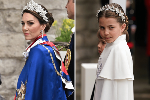 Princess Catherine and Princess Charlotte both wore Alexander McQueen dresses with a cape and headpiece.