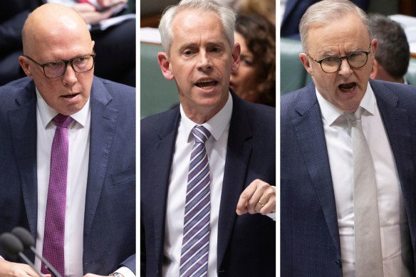 Fiery question time: Opposition Leader Peter Dutton, Immigration Minister Andrew Giles and Prime Minister Anthony Albanese.