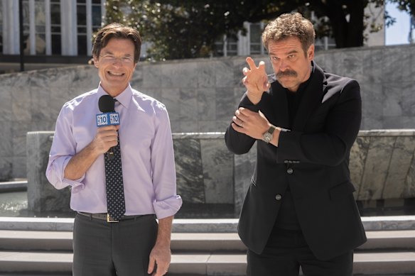 Jason Bateman (left) and David Harbour star in DTF St Louis, a groundbreaking dark comedy on HBO Max.