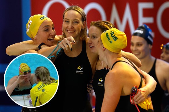 Mollie O’Callaghan after her 100m backstroke silver medal and then celebrating a 4x200m freestyle relay victory with teammates. 