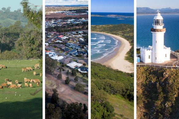 Cows at Kameruka Estate, Bega Valley; an aerial view of houses above Dubbo golf course; Korora Bay in Coffs Harbour; and Byron Bay lighthouse.