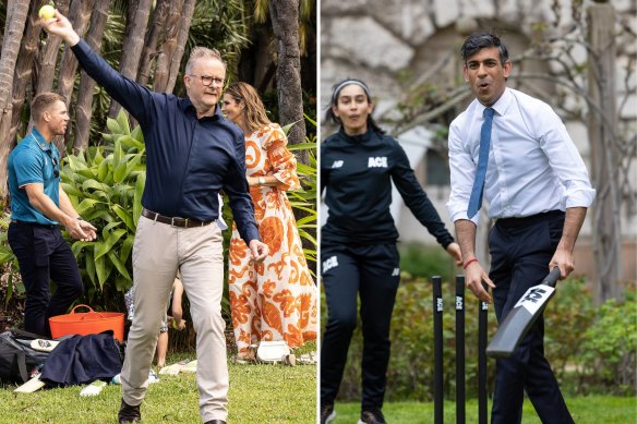 Prime Minister Anthony Albanese playing cricket at Kirribilli House, and British PM Rishi Sunak at 10 Downing Street. 