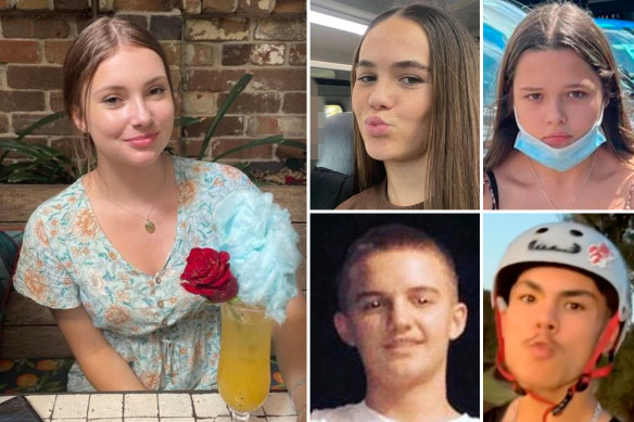 The five teenagers who died in the Buxton car crash. Clockwise from main: Lily Van De Putte, Summer Williams, Gabby McLennan, Tyrese Bechard and Antonio Desisto.