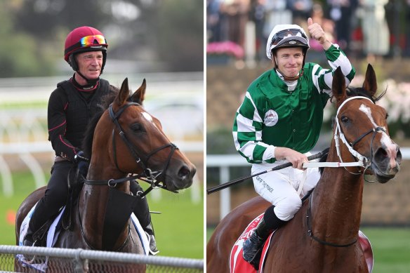 Jan Brueghel (left) is out of the Melbourne Cup and the odds of Cox Plate winner Via Sistina (right) being a runner are drifting.