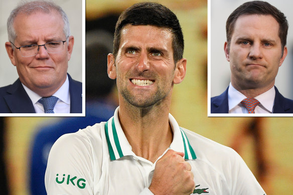 Prime Minister Scott Morrison, left, will face criticism whichever way the decision over Novak Djokovic, centre, goes. Immigration Minister Alex Hawke, right, will make the final call.